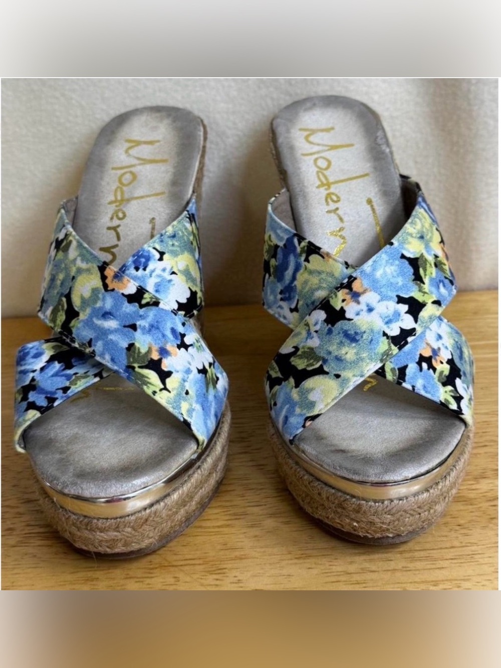 Blue, Green & Black Floral Platform Summer Wedge Sandals Size 7 💙💚🖤